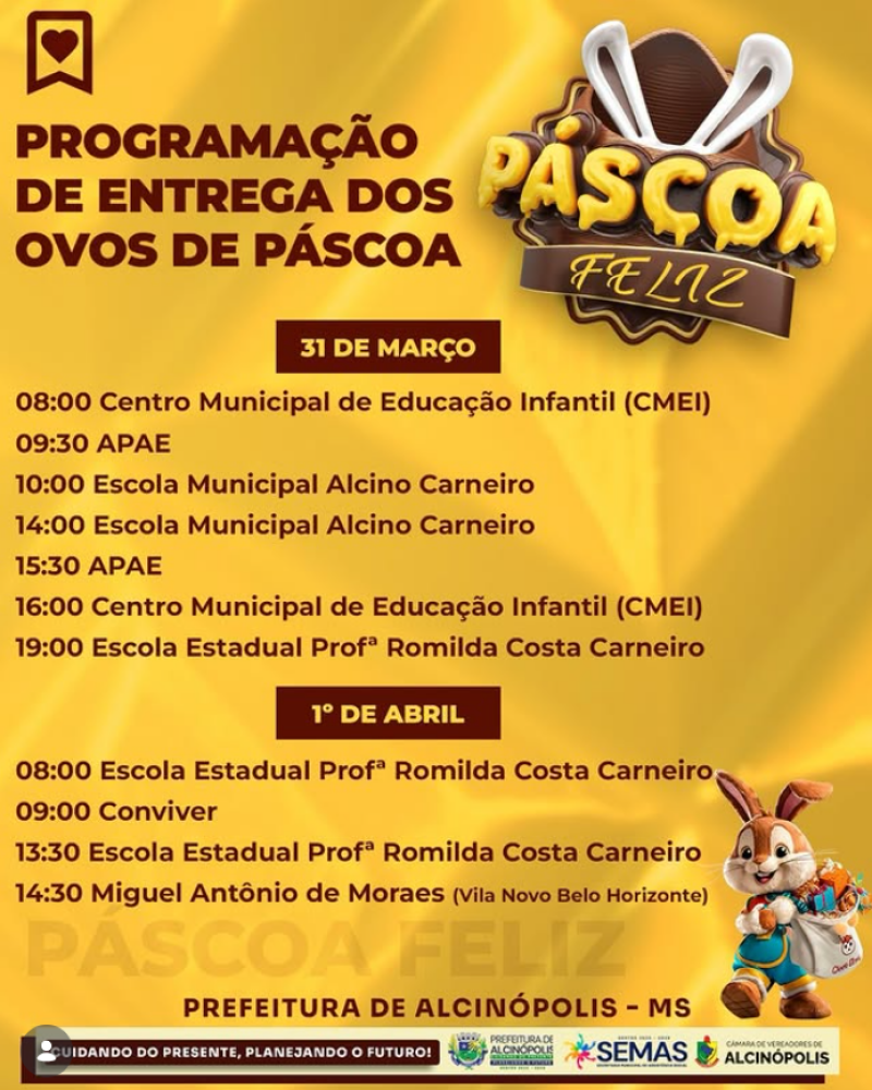 Ilustração da notícia Alcinópolis divulga programação de entrega de ovos de Páscoa em escolas e instituições